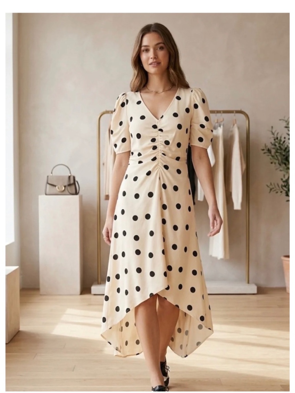 Puff Sleeve Polka Dot Midi Dress